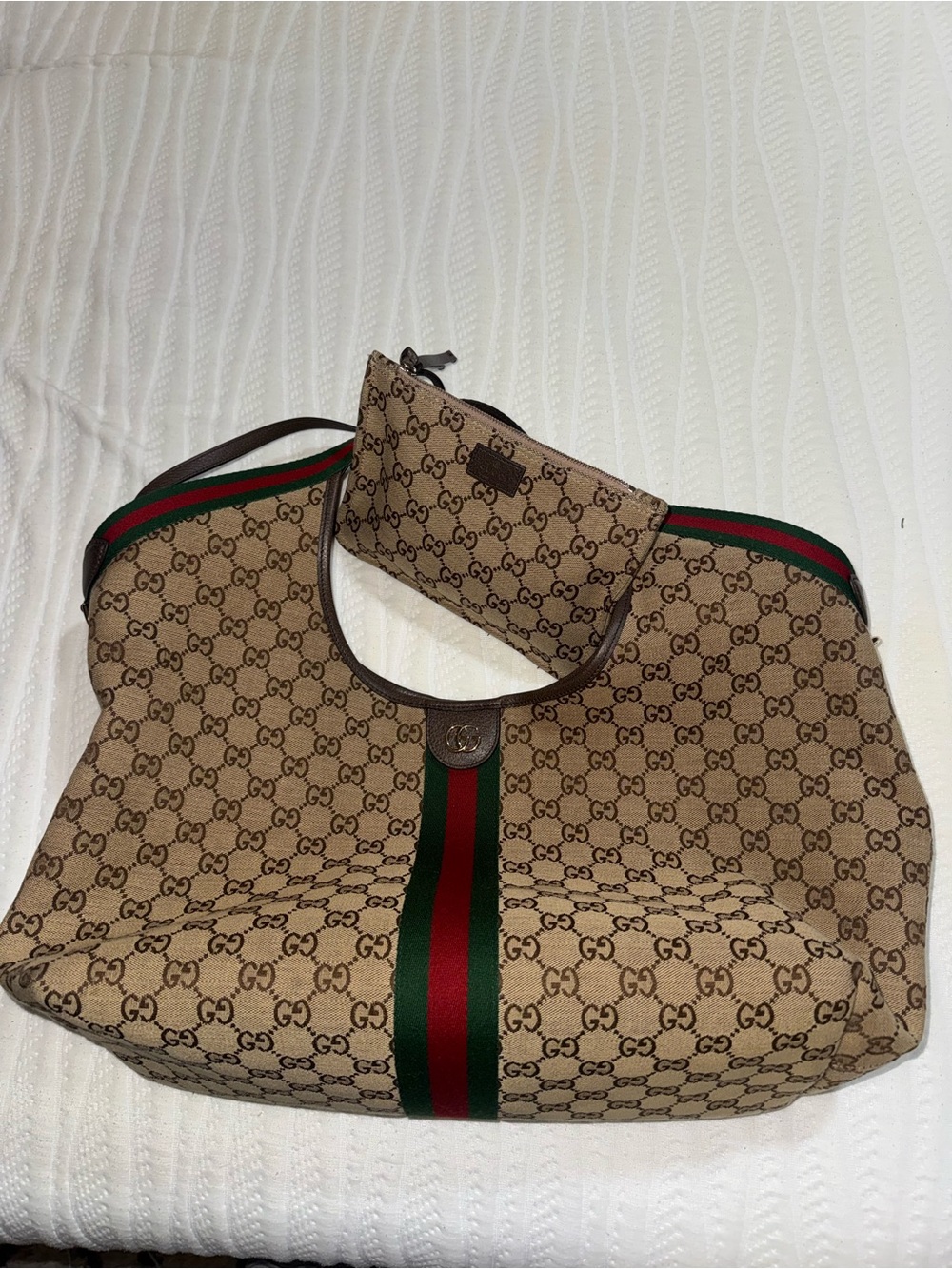 Gucci Beige LARGE Giglio Tote GG Canvas Shoulder Bag with Red & Green Web Stripe